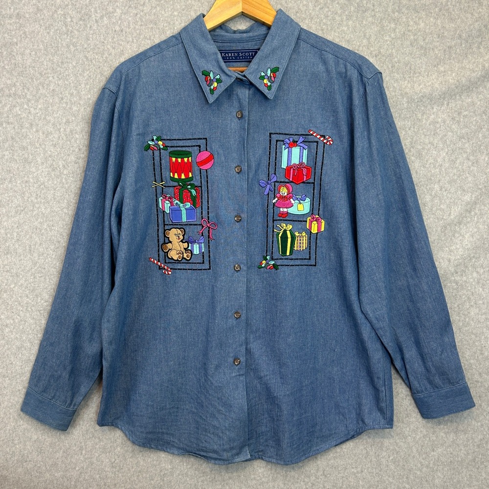 Karen Scott Christmas Embroidered Chambray Button Down Blouse Blue Womens Large